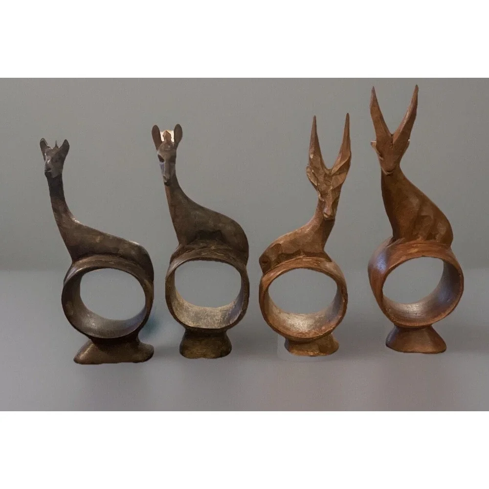 Hand Carved Wooden African Animal‎ Napkin Ring Holders Vintage Set Of 4 Animals